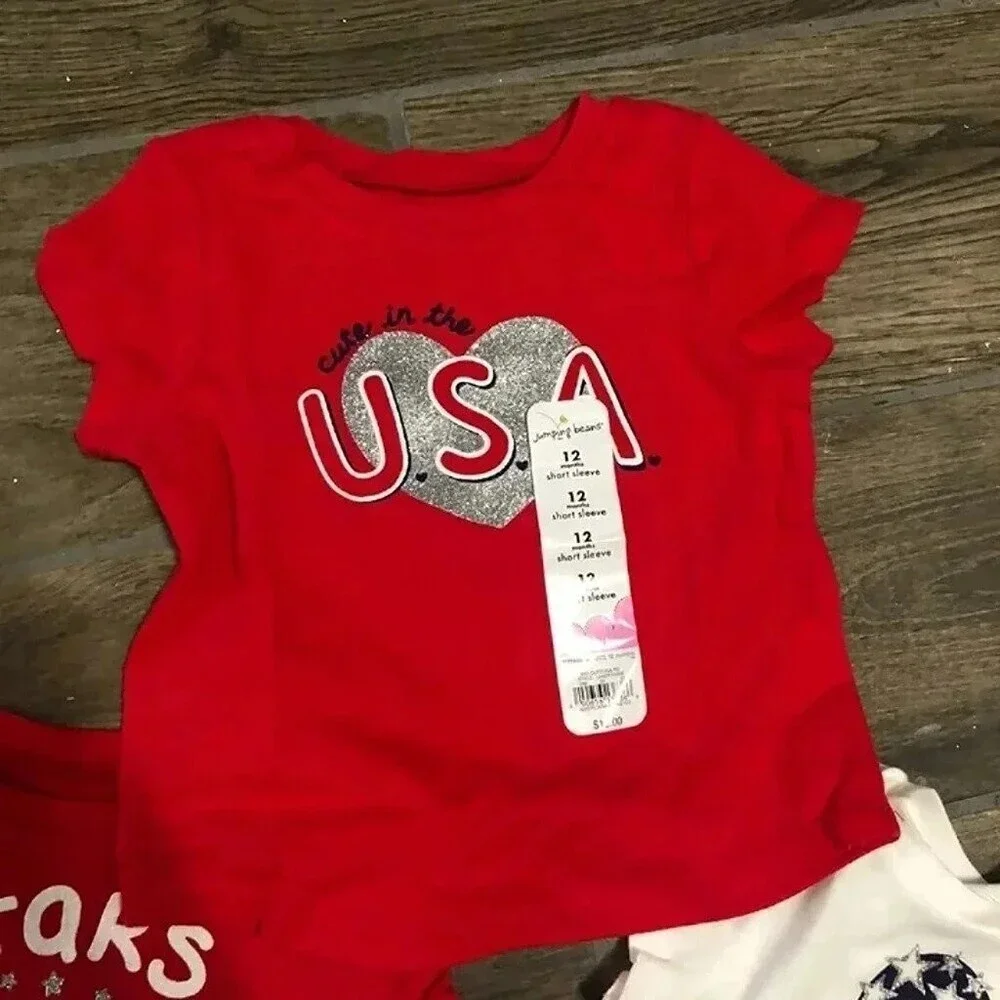 NWT 12M jumping beans bundle knit tees tops knit ruffle skirt patriotic july 4th
